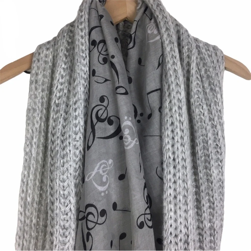 TORRID Scarf Music Notes Sheer & Knit Chunky Grey Infinity Warm Cozy Lot of 2
